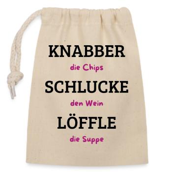 Chips Wein Suppe Typografie - Verschließbarer Geschenkbeutel aus Baumwolle (14x20cm) - Natur - Vorne