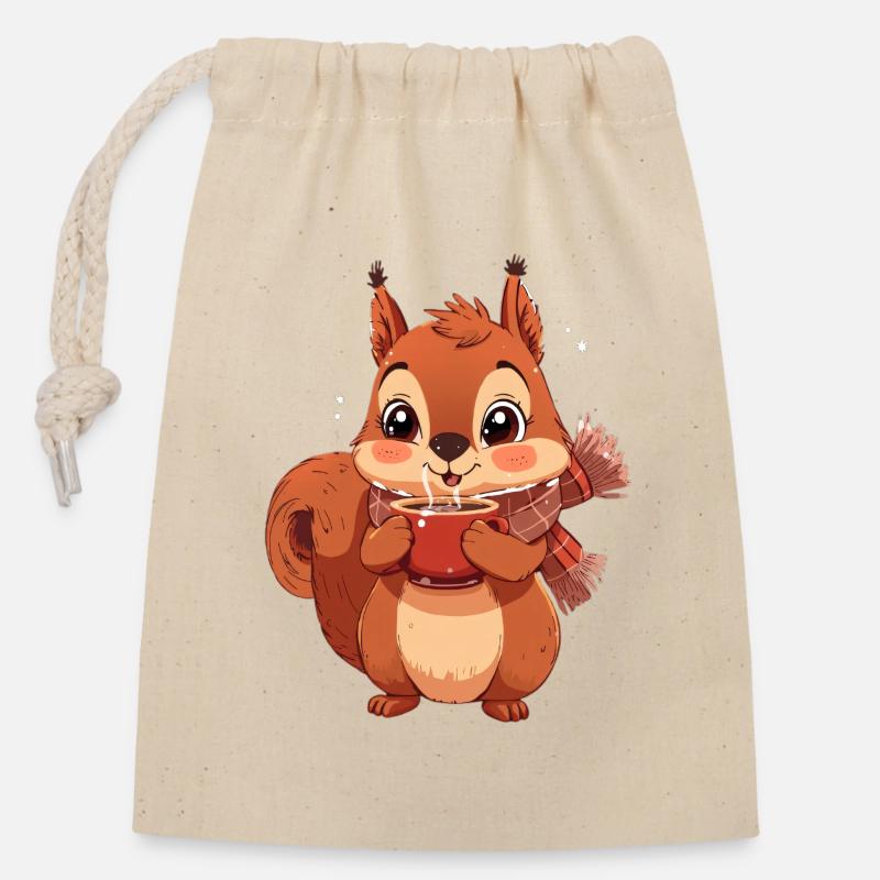 Winterliches Eichhörnchen mit Tasse - Verschließbarer Geschenkbeutel aus Baumwolle (14x20cm) - Natur