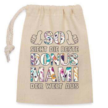 Bonus Mami beste Mama Mutter Muttertag Geschenk - Verschließbarer Geschenkbeutel aus Baumwolle (14x20cm) - Natur - Vorne