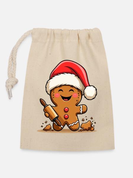 Weihnachts Gingerbread mit Zuckerguss - Verschließbarer Geschenkbeutel aus Baumwolle (14x20cm) - Natur