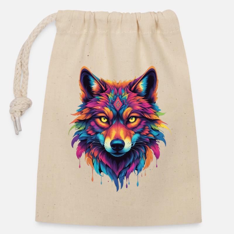 Bunter Wolf Kopf - Verschließbarer Geschenkbeutel aus Baumwolle (14x20cm) - Natur