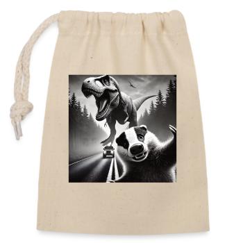 Badger meets Dino on gloomy country road - Closable cotton gift bag (14x20cm) - nature - Front