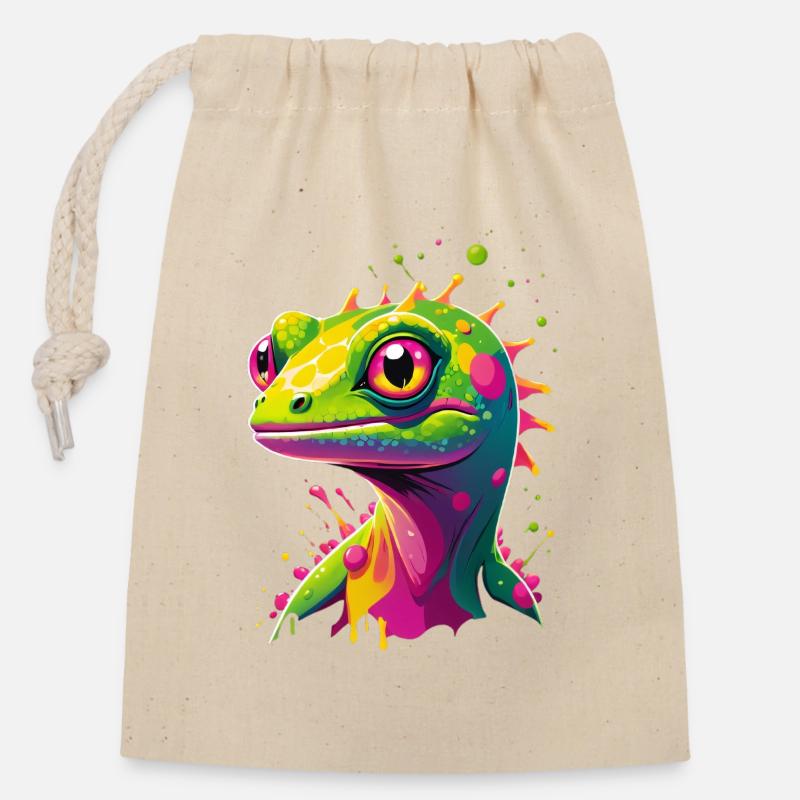 Bunte Echse Neon-Splash - Verschließbarer Geschenkbeutel aus Baumwolle (14x20cm) - Natur
