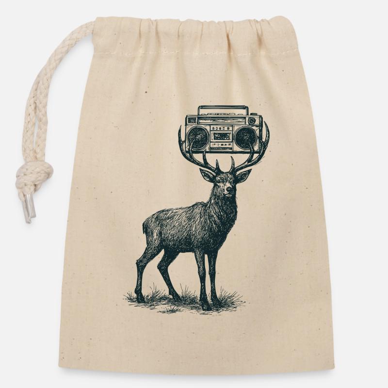 Hirsch mit Boombox - Verschließbarer Geschenkbeutel aus Baumwolle (14x20cm) - Natur