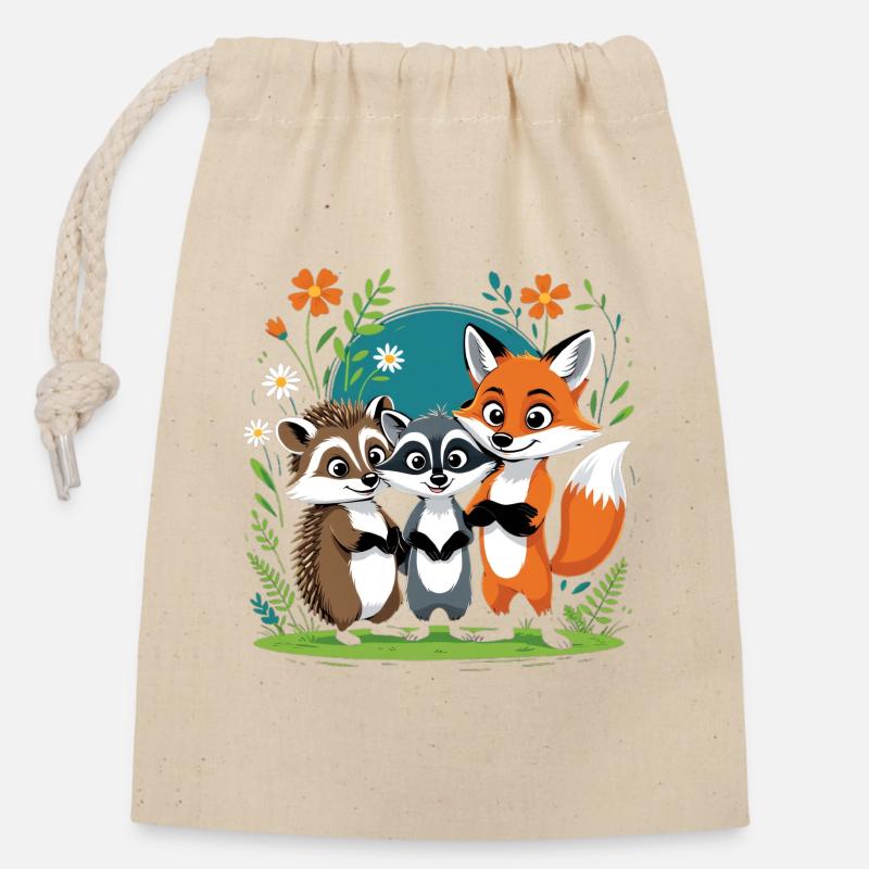 Waldfreunde Trio Fuchs Igel Waschbär - Verschließbarer Geschenkbeutel aus Baumwolle (14x20cm) - Natur