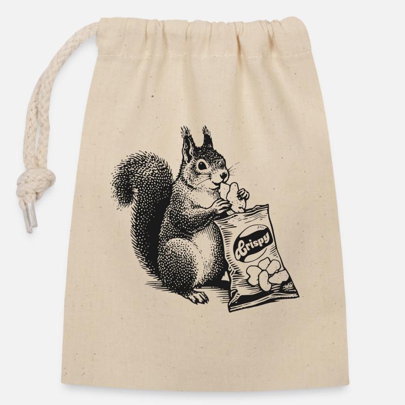 Squirrel with chips - Closable cotton gift bag (14x20cm) - nature