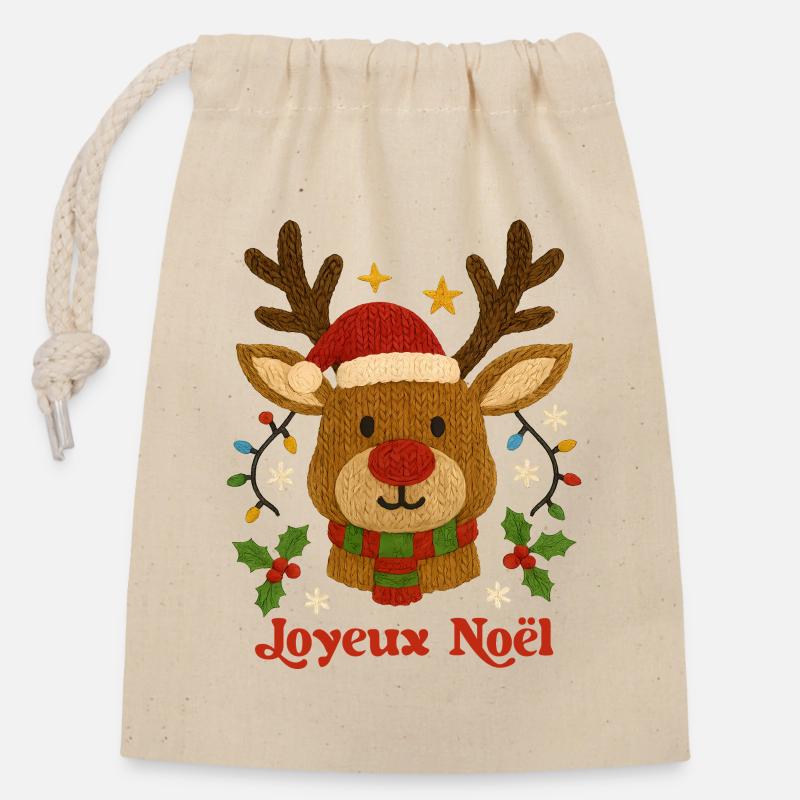 Renne Effet Tricoté Joyeux Noël - Sac cadeau en coton avec cordon (14 x 20 cm) - nature