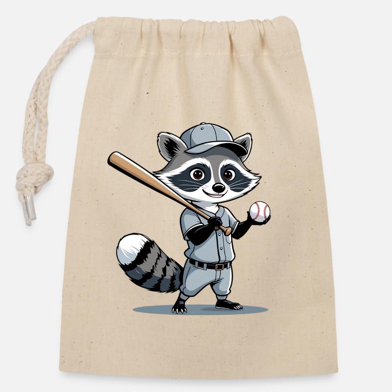 Héros du baseball Raccoon - Sac cadeau en coton avec cordon (14 x 20 cm) - nature