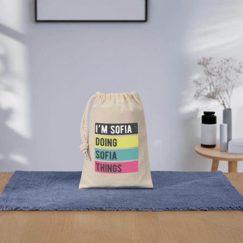 Ich bin Sofia und mache Sofia-Dinge in Retro-Farben Verschließbarer Geschenkbeutel aus Baumwolle (14x20cm)