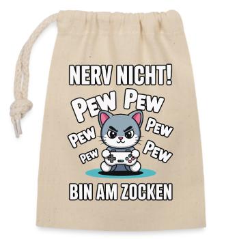 Nerv nicht bin am Zocken Gamer Katze Design - Verschließbarer Geschenkbeutel aus Baumwolle (14x20cm) - Natur - Vorne