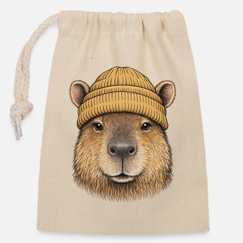 Capybara with cap - Closable cotton gift bag (14x20cm) - nature