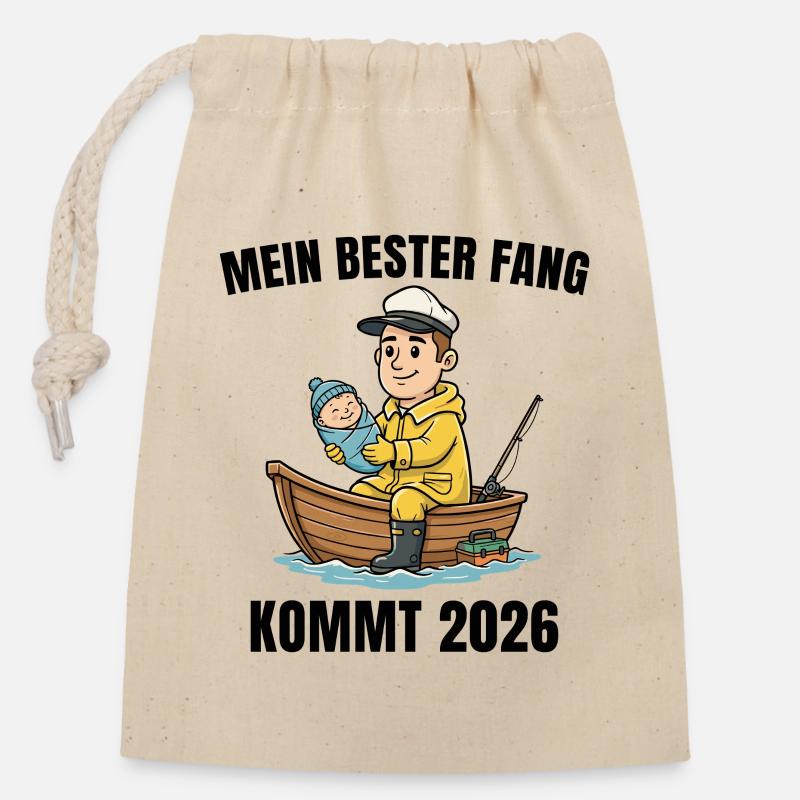 Vaterschaft 2026 Angler Werdender Papa - Verschließbarer Geschenkbeutel aus Baumwolle (14x20cm) - Natur