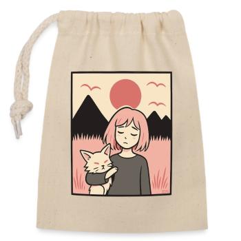 Fille avec un chat devant les montagnes - Sac cadeau en coton avec cordon (14 x 20 cm) - nature - Devant