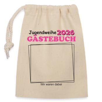 Jugendweihe 2026 Gästebuch für Jugendliche Mädchen - Verschließbarer Geschenkbeutel aus Baumwolle (14x20cm) - Natur - Vorne