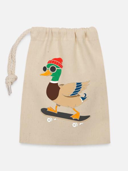 Skate-Duck mit Mütze und Sonnenbrille - Verschließbarer Geschenkbeutel aus Baumwolle (14x20cm) - Natur