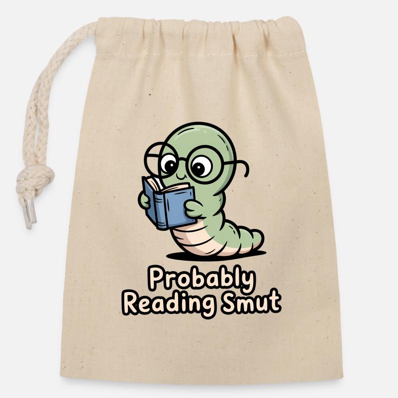 Chenille de lecture avec des lunettes - Sac cadeau en coton avec cordon (14 x 20 cm) - nature