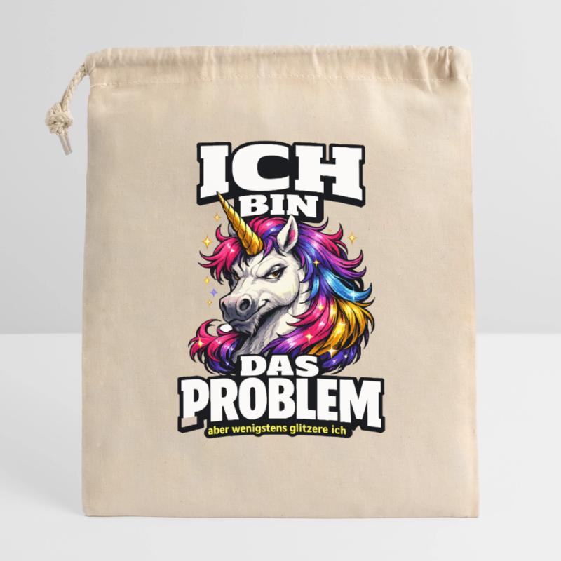 Ich bin das Problem Einhorn Spruch mit Glitzer Verschließbarer Geschenkbeutel aus Baumwolle (14x20cm)