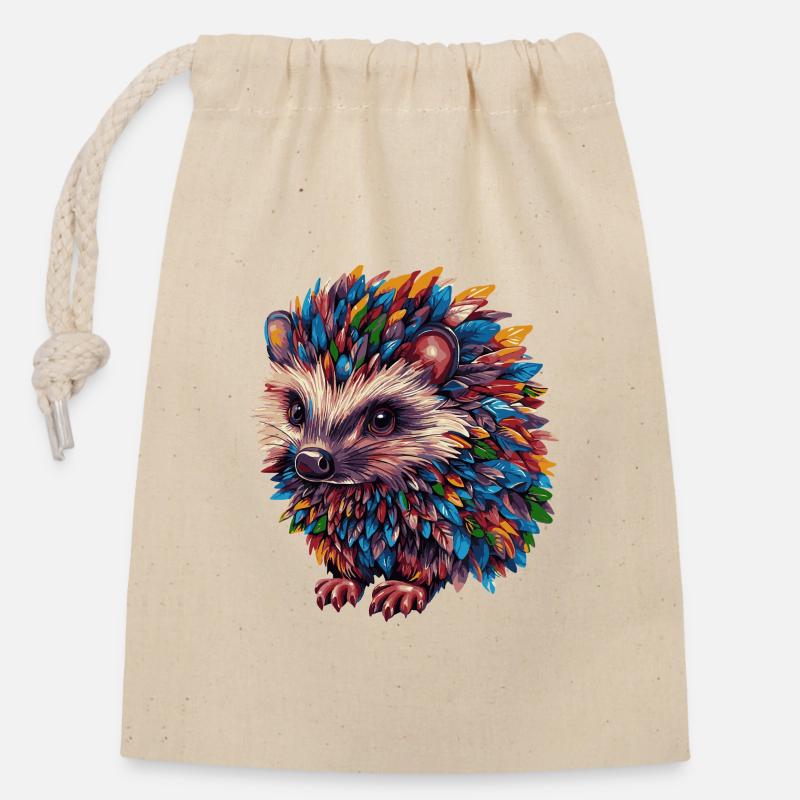 hérisson coloré - Sac cadeau en coton avec cordon (14 x 20 cm) - nature