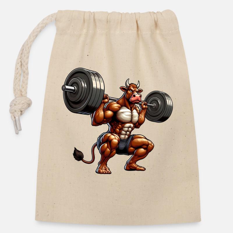Kraftvolle Kuh Bulle Bison Fitnesstraining - Verschließbarer Geschenkbeutel aus Baumwolle (14x20cm) - Natur