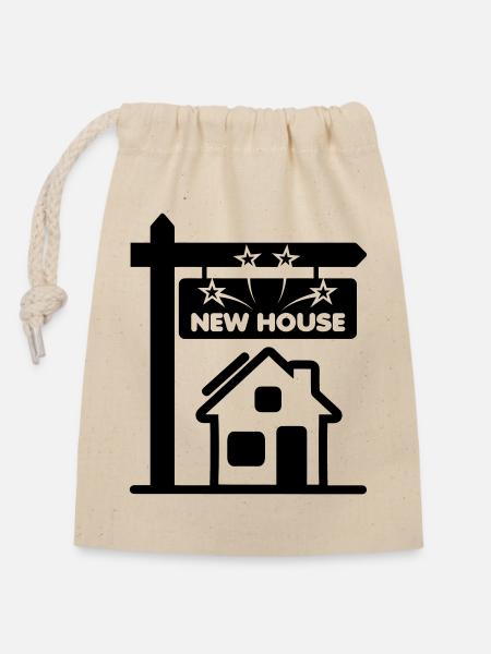 Transparentes Logo-Schild neues Haus " - Verschließbarer Geschenkbeutel aus Baumwolle (14x20cm) - Natur