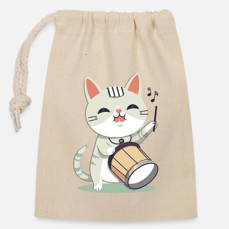Cute cat with drum - Closable cotton gift bag (14x20cm) - nature