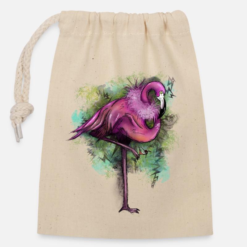 Flamingo-Extravaganz - Verschließbarer Geschenkbeutel aus Baumwolle (14x20cm) - Natur