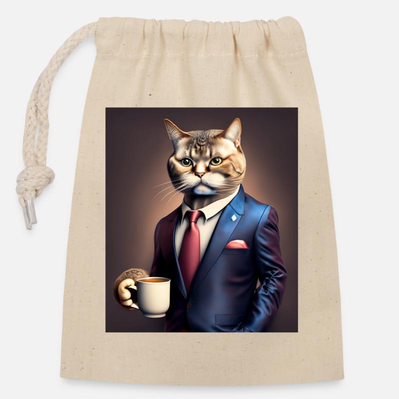 Kater im Anzug mit Kaffee - Verschließbarer Geschenkbeutel aus Baumwolle (14x20cm) - Natur