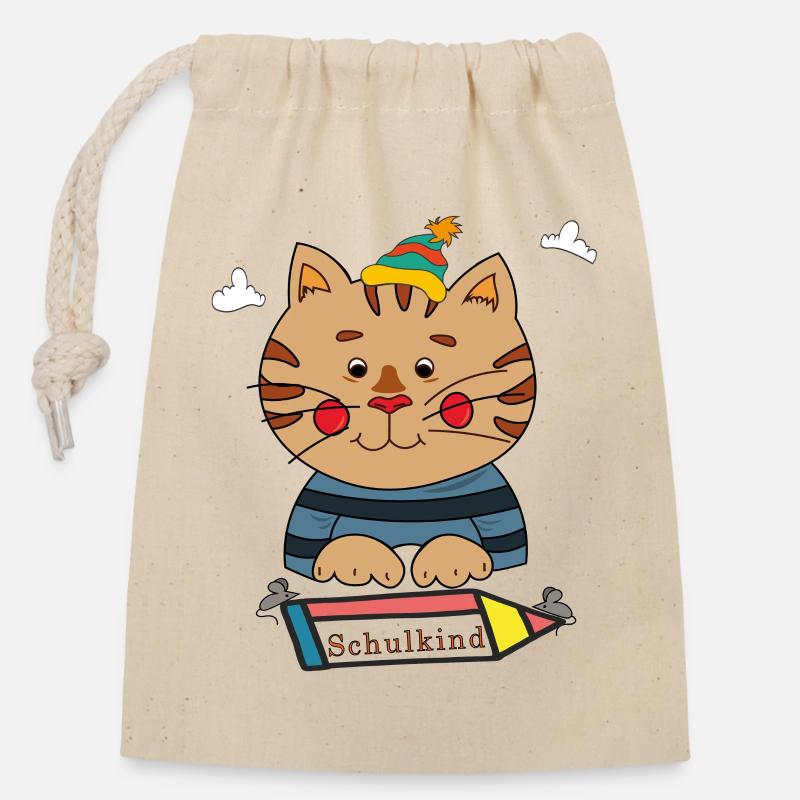Schulkind Katze - Verschließbarer Geschenkbeutel aus Baumwolle (14x20cm) - Natur