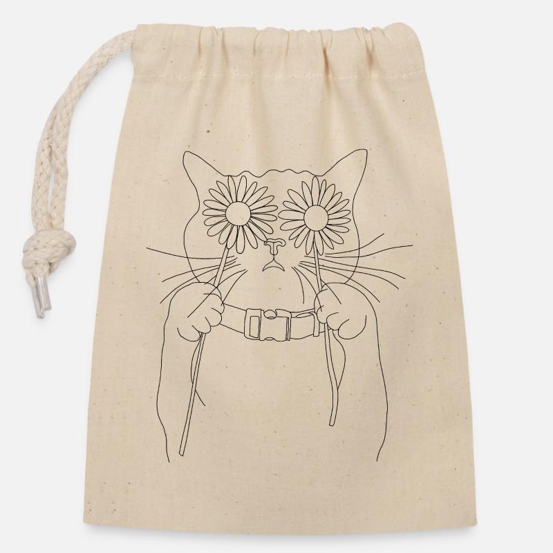 Cat with Daisies - Closable cotton gift bag (14x20cm) - nature
