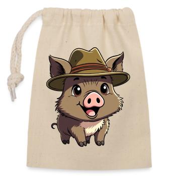 Wildschwein mit Hut - Verschließbarer Geschenkbeutel aus Baumwolle (14x20cm) - Natur - Vorne