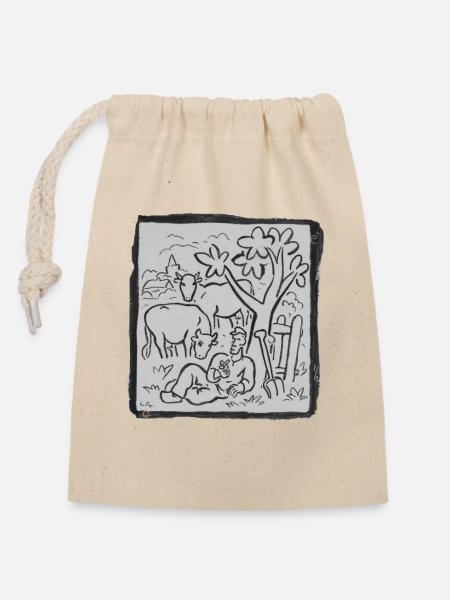 Farmer_Resting_with_Cows_Linocut_Art - Verschließbarer Geschenkbeutel aus Baumwolle (14x20cm) - Natur