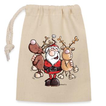 Weihnachtsmann umarmt Rentiere - Verschließbarer Geschenkbeutel aus Baumwolle (14x20cm) - Natur - Vorne