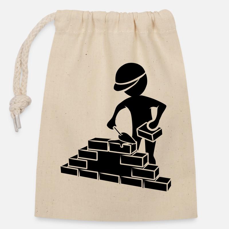 Construction workers with mason trowel, mortar and wall - Closable cotton gift bag (14x20cm) - nature