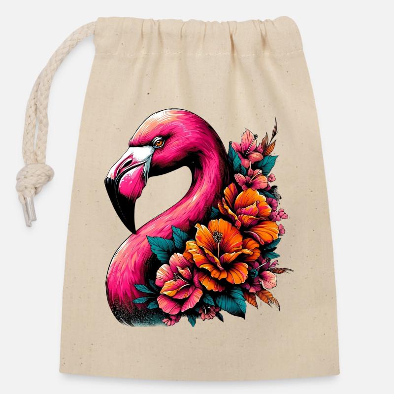 Flamingo - Verschließbarer Geschenkbeutel aus Baumwolle (14x20cm) - Natur