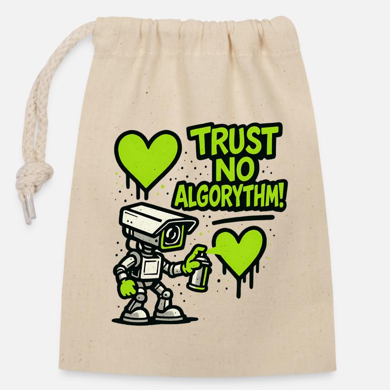 Robot mit Herz und Anti-Algorithmus Botschaft - Verschließbarer Geschenkbeutel aus Baumwolle (14x20cm) - Natur