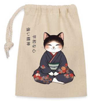 Chat animé en kimono – Méditation zen au Japon - Sac cadeau en coton avec cordon (14 x 20 cm) - nature - Devant