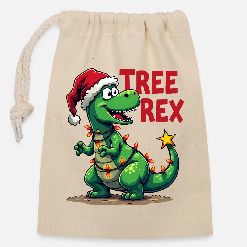 Christmas Dino – Lustiger T-Rex mit Weihnachtsbaum - Verschließbarer Geschenkbeutel aus Baumwolle (14x20cm) - Natur