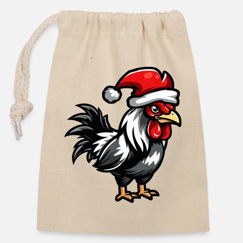 Coq Noël - Sac cadeau en coton avec cordon (14 x 20 cm) - nature