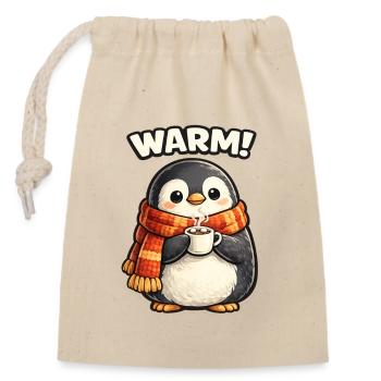 Warming penguin with coffee - Closable cotton gift bag (14x20cm) - nature - Front