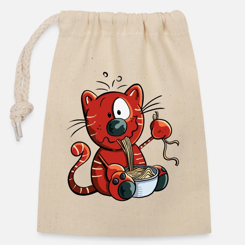 Katze genießt Spaghetti - Verschließbarer Geschenkbeutel aus Baumwolle (14x20cm) - Natur