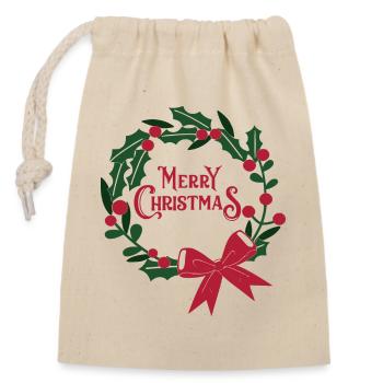 Couronne de Noël avec ruban rouge - Sac cadeau en coton avec cordon (14 x 20 cm) - nature - Devant