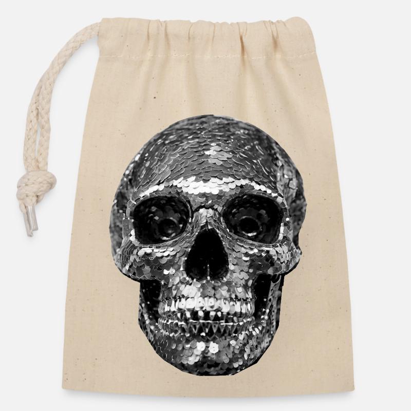 Skull, metallic, sequins, rivets, silver - Closable cotton gift bag (14x20cm) - nature