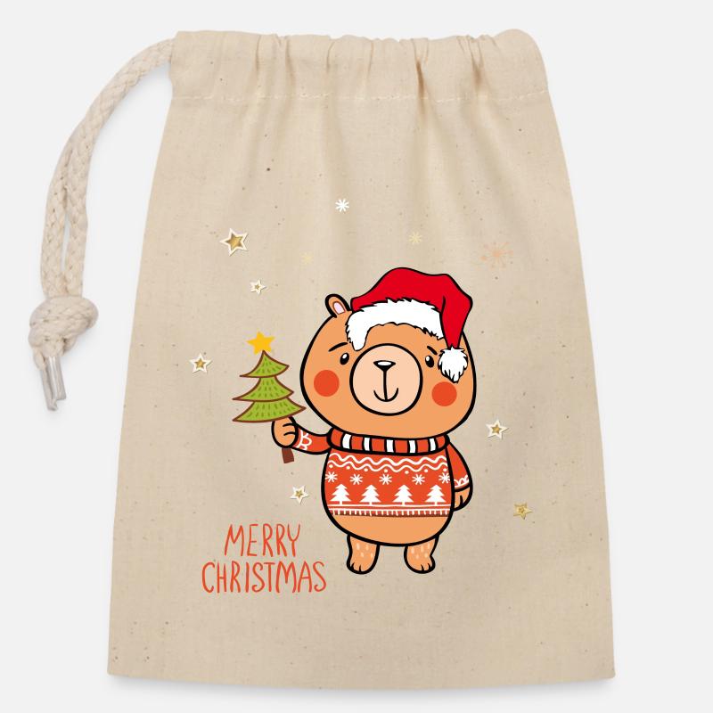 Merry Christmas Teddy - Verschließbarer Geschenkbeutel aus Baumwolle (14x20cm) - Natur