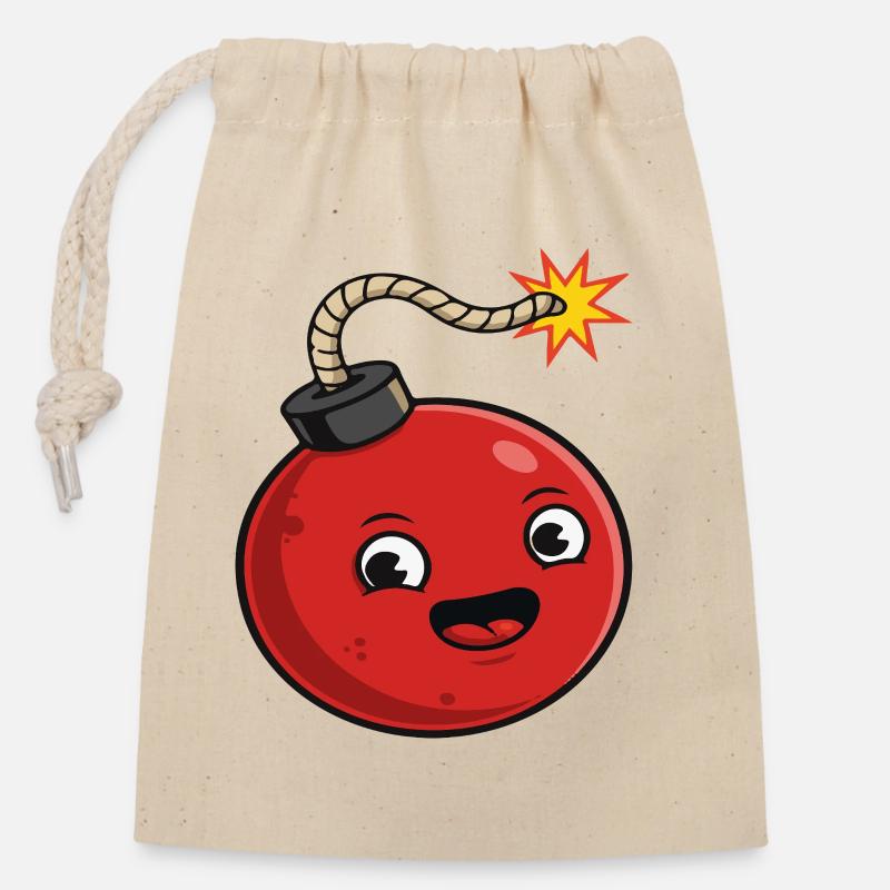 Bombe de dessin animé avec une expression joyeuse - Sac cadeau en coton avec cordon (14 x 20 cm) - nature