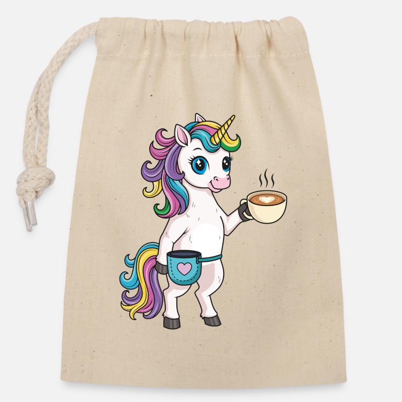 Einhorn mit Kaffee und Chalkbag - Verschließbarer Geschenkbeutel aus Baumwolle (14x20cm) - Natur