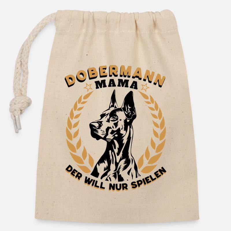 Dobermann Mama – Der will nur spielen - Verschließbarer Geschenkbeutel aus Baumwolle (14x20cm) - Natur