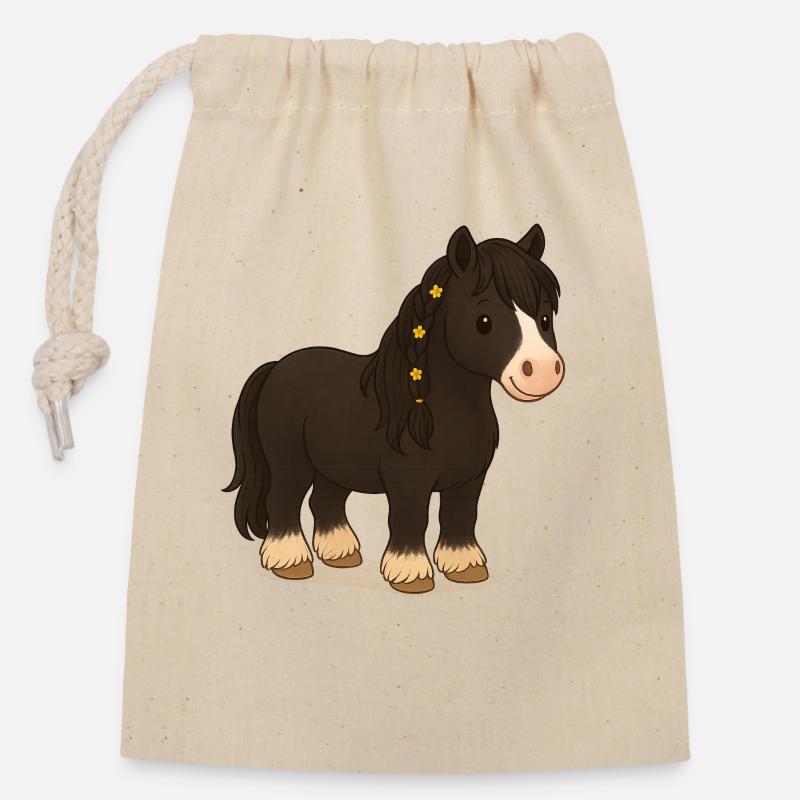 Black Tinker mare Katy with floral braid - Closable cotton gift bag (14x20cm) - nature