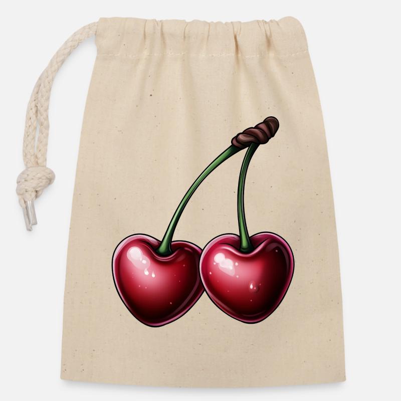 Cerises rouges en forme de cœur - Sac cadeau en coton avec cordon (14 x 20 cm) - nature