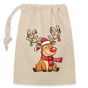 Lustiges Weihnachtsrentier mit Schal und Deko - Verschließbarer Geschenkbeutel aus Baumwolle (14x20cm) - Natur - Vorne