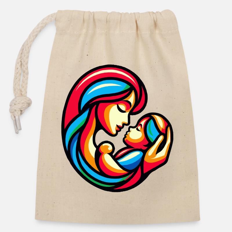 Bunte Mutter-Kind-Harmonie - Verschließbarer Geschenkbeutel aus Baumwolle (14x20cm) - Natur